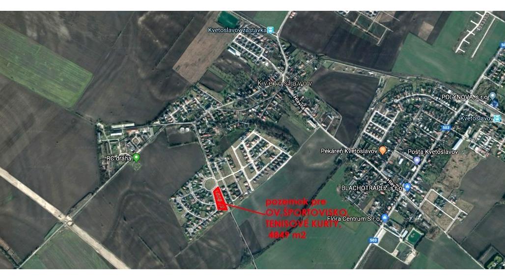Predaj stavebného pozemku na občiansku vybavenosť, športoviská, tenisové kurty v obci Kvetoslavov